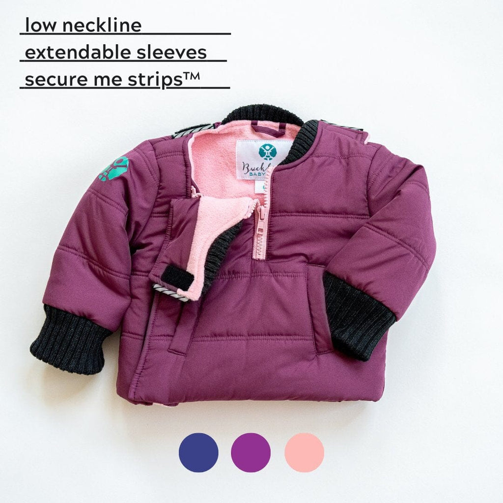 purple car seat friendly coat with pink interior
