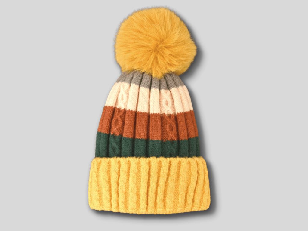 toddler winter hat boy girl yellow green and grey striped knit hat winter