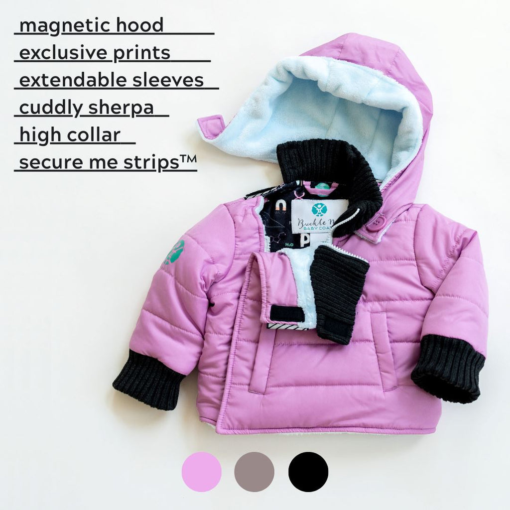pink car seat coat with magnetic hood and science interior with light blue minky for little baby girls and toddlers